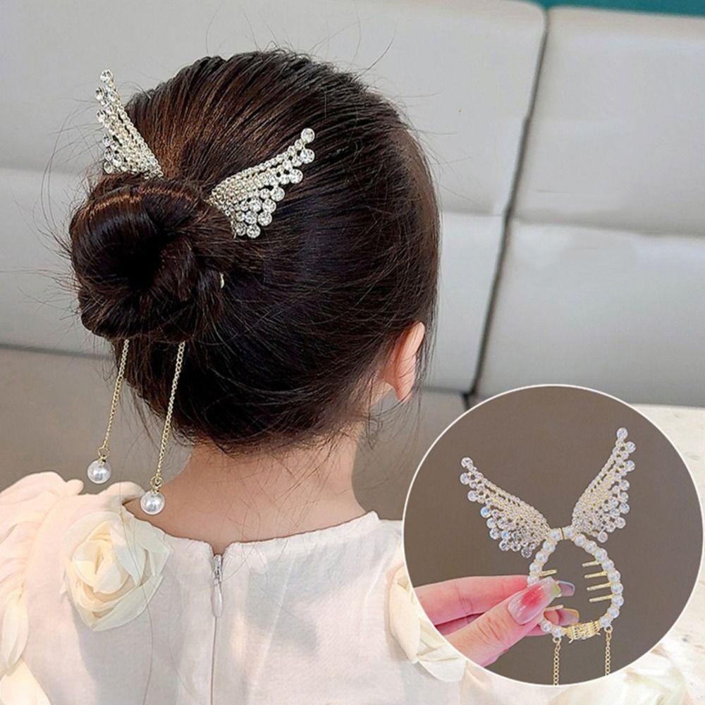 Agustina Bun Ponytail Holder Elegan Hiasan Kepala Vintage Sayap Hair Clip Gadis Jepit Rambut Rumbai Telinga Kelinci Kristal Korea Hair Claw