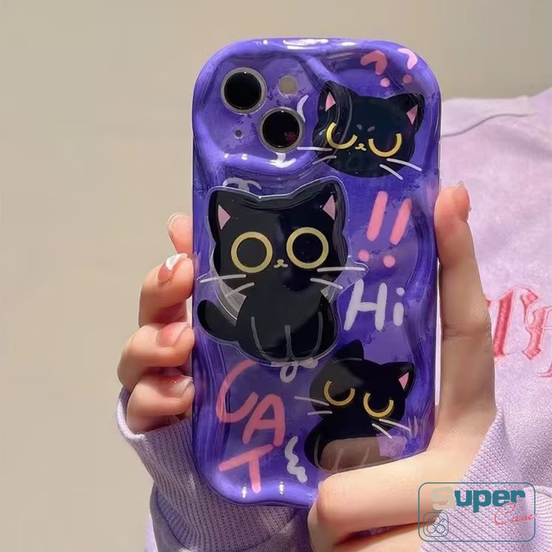 Untuk Oppo A5s A16 A17 A7 A57 A15 A16K A12 A5 A9 A16s A3s A17k A95 A96 A54s A54 A31 A74 A53 A1k A55 A16E A92 A77 A52 A76 A33 Kartun Kucing Fashion Lucu Bracket 3D Bergelombang Curved Edge Case