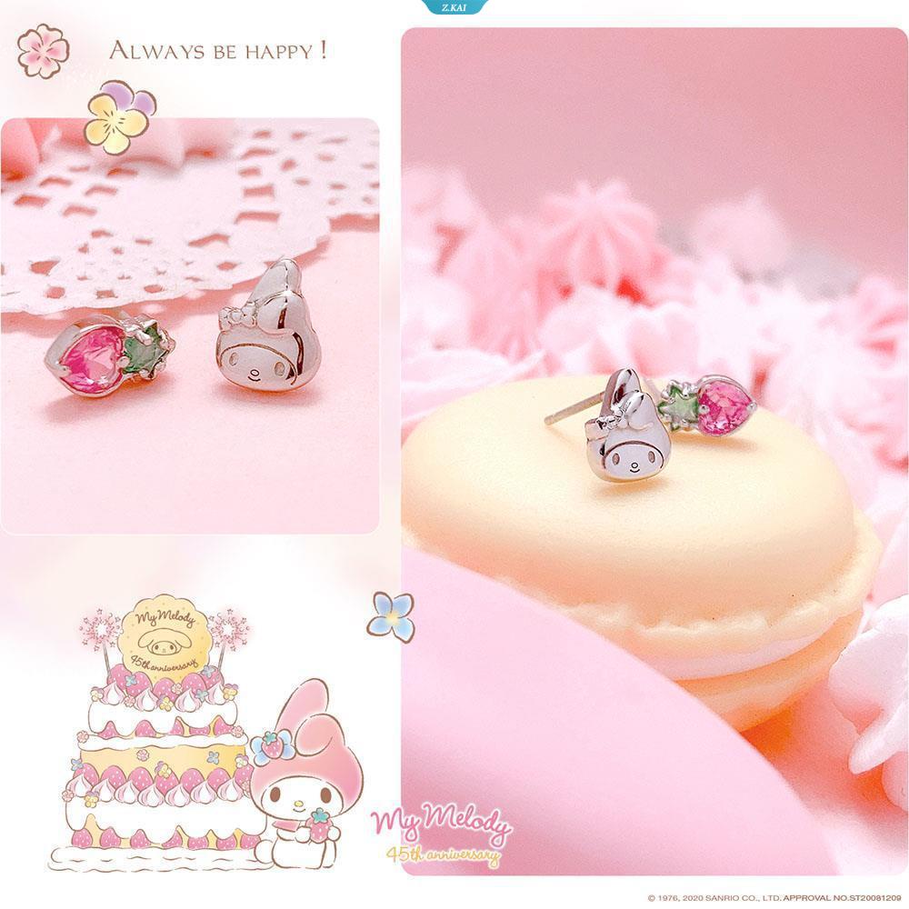 Perhiasan Perak Sanrio Sanrio Mymelody Strawberry Bright Crystal Plated Sterling Silver Anting Tusuk Anting Rose Gold [ZK]