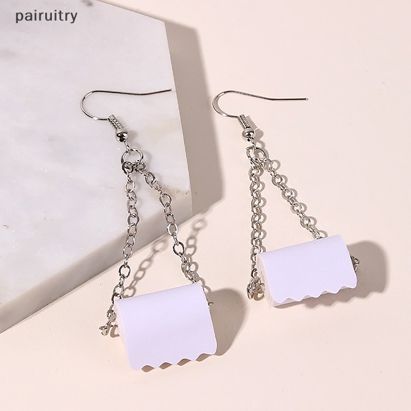 Prt 1pasang Fashion Roll Paper Drop Earrings Lucu Toilet Paper Earrings Wanita Gadis Perhiasan Kreatif Rantai Menjuntai Anting 3D Tissue PRT