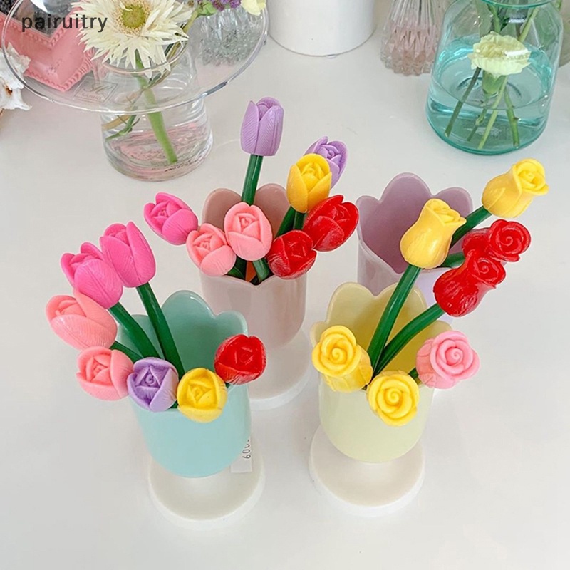 Prt INS Tulips Storage Bucket Pen Holder Gelas Penyimpanan Plastik Makeup Brush Holder Desktop Storage Organizer Siswa Alat Tulis PRT