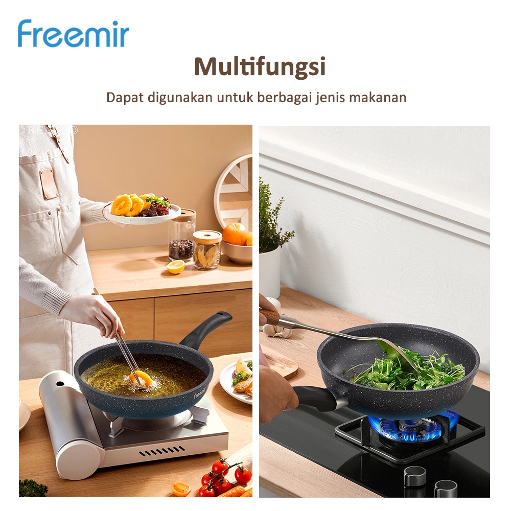 Freemir 20 cm Wajan Penggorengan Anti Lengket  Non Stick Multifungsi Single Bottom Hitam