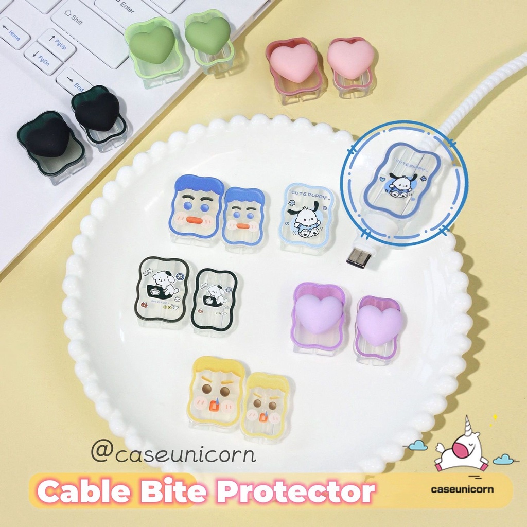 2 Pcs Pelindung Gigitan Kabel Kreatif Bergelombang Tepi Transparan Charging Cable Cover Kartun Permen 3D Busur Cinta Hati Lucu Strawberry Bear Manyo Alien SpongeBob Kabel Pelindung Case