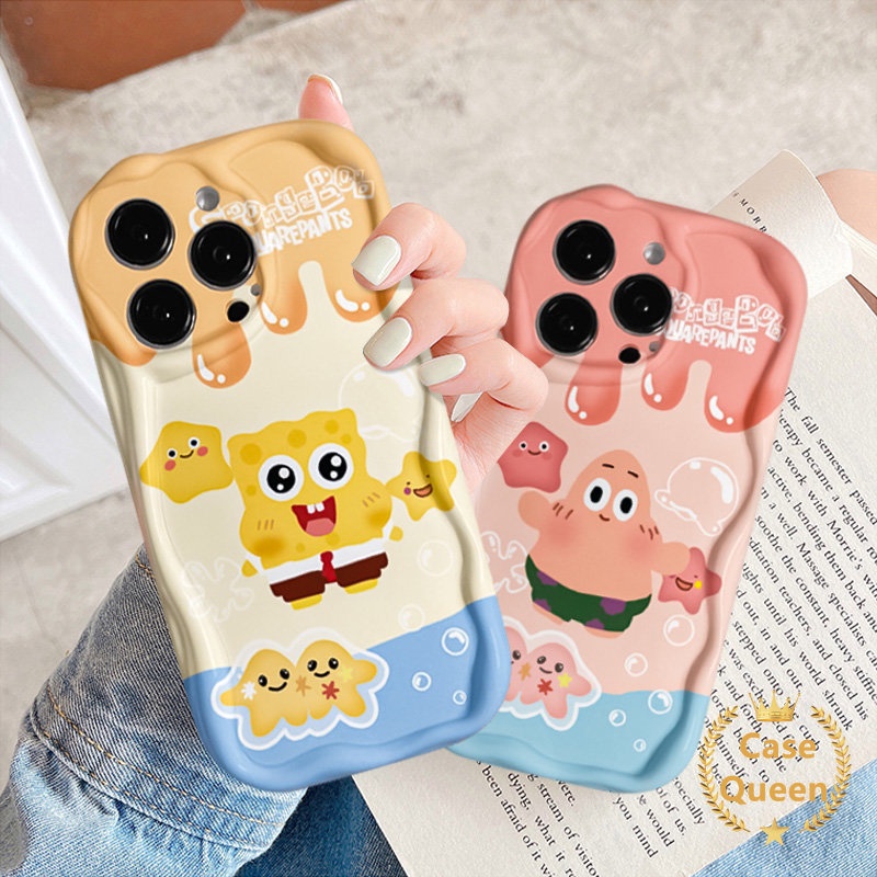 IPHONE Lovely Ice Cream SpongeBob Patrick Star Cute 3D Wavy Curved Edge Case Cocok Untuk Iphone7 6 6S 8plus XR X XS Max11 13 14 12 Pro Max SE 2020 Rabbit Lucu Doraemon Couple Cover