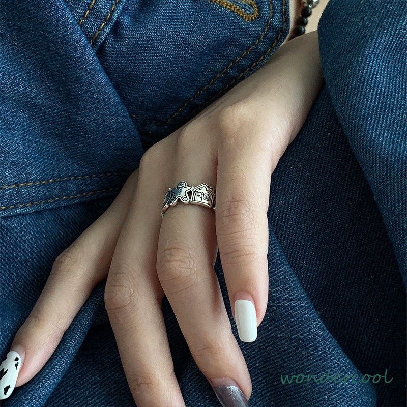 Grafiti Perak Gingerbread Man Cincin Terbuka Adjustable Ring Retro Korea Vintage Gaya Untuk Pria Dan Wanita-Won