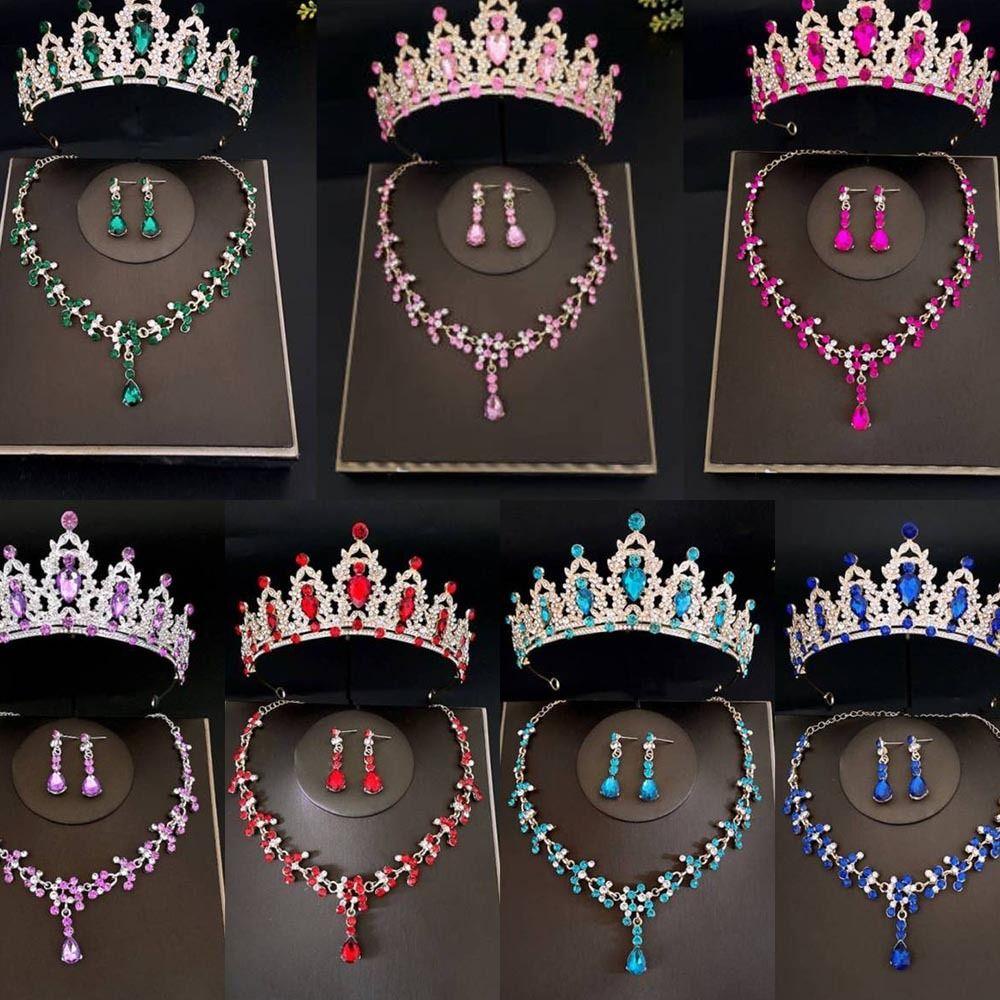 Needway Set Perhiasan Mahkota Pernikahan Elegan Mengkilap Perhiasan Pesta Tetesan Air Elegan Berlian Bertatahkan Berlian Imitasi Kalung Anting Set