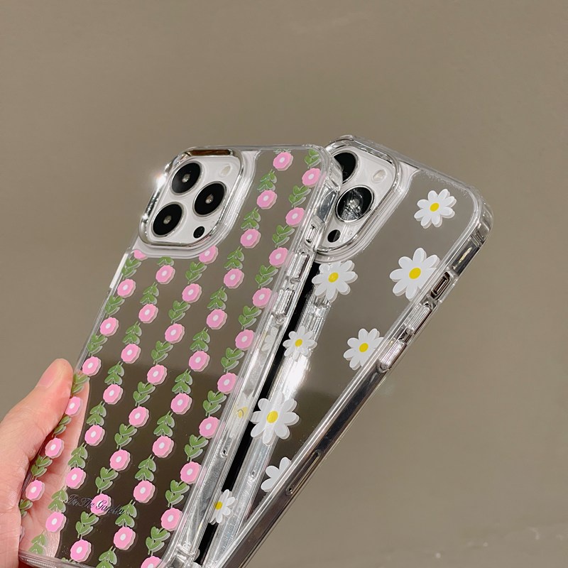 Fashion Silver Little Daisy Pink Flowers Mirror Soft TPU Case iP iPhone 11 12 13 14 Pro Max New Woman Girl FTD Casing Apple