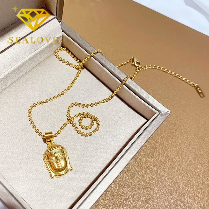 Kalung Titanium Wanita Anti Karat Asli Buddha Keberuntungan Emas 18K Anti Luntur Aksesoris Perhiasan