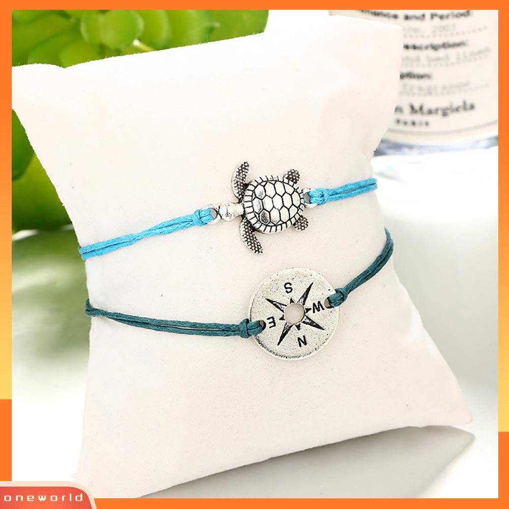 [WOD] 2pcs /Set Turtle Compass Charm Adjustable Gelang Kaki Wanita Perhiasan Pantai