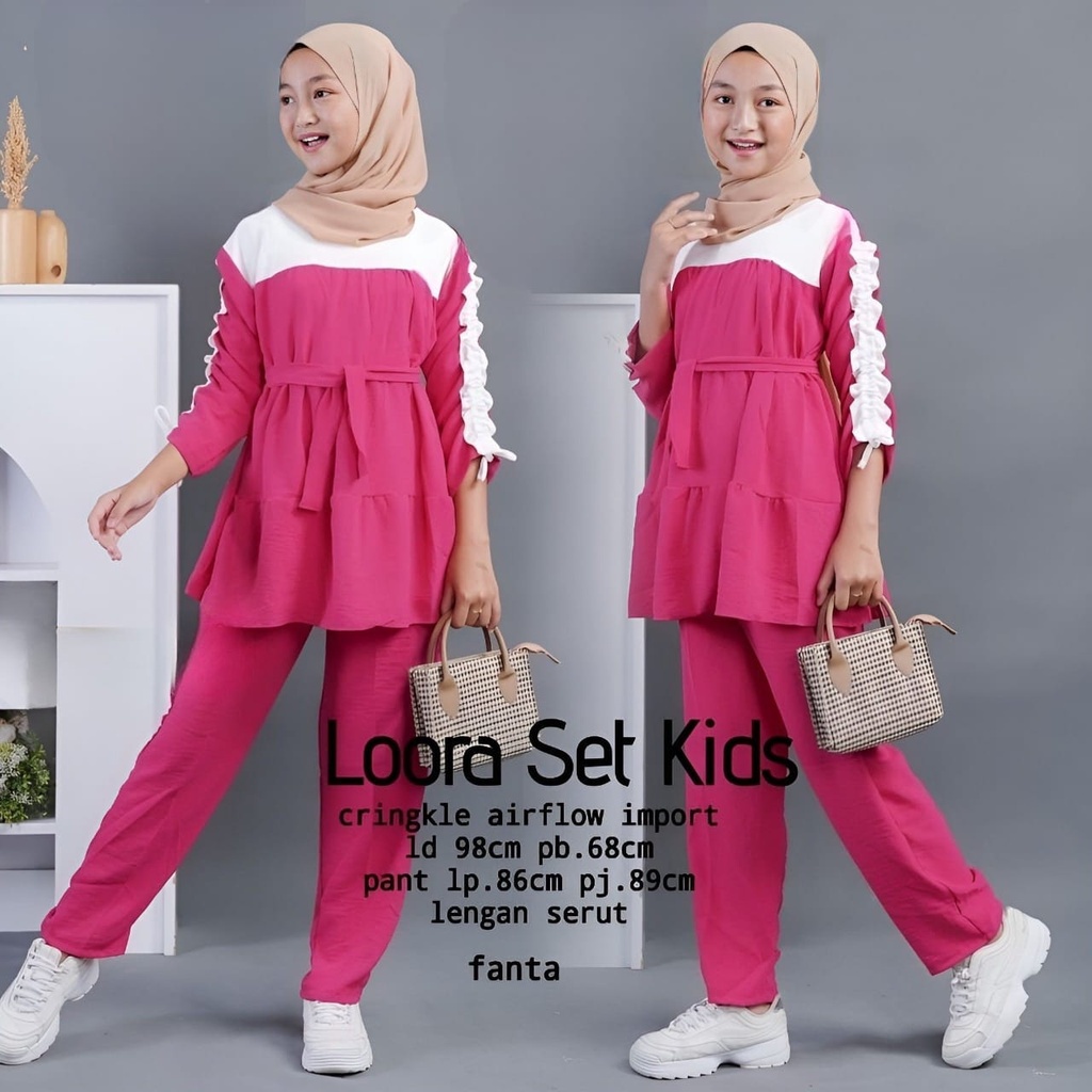 GAMIS STORE - Loora Set Kids Teen Setelan OOTD Lebaran Matt Cringkle Airflow Polos Basic Premium l Stelan 2in1 6- 8 TAHUN