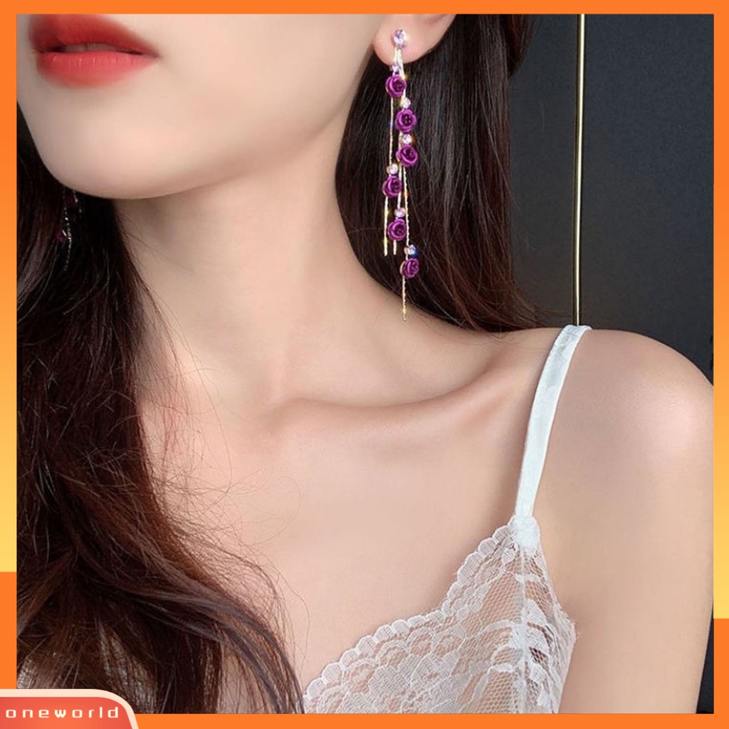 [WOD] 1pasang Berlian Imitasi Mengkilap Elegan Wanita Anting Bunga Mawar Panjang Rumbai Drop Earrings Perhiasan Pesta