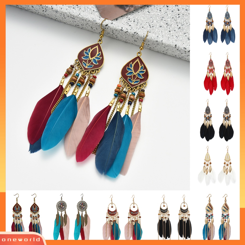 [WOD] 1pasang Manik-Manik Multicolor Retro Drop Earrings Bohemian Panjang Bulu Kait Anting Perhiasan Pesta