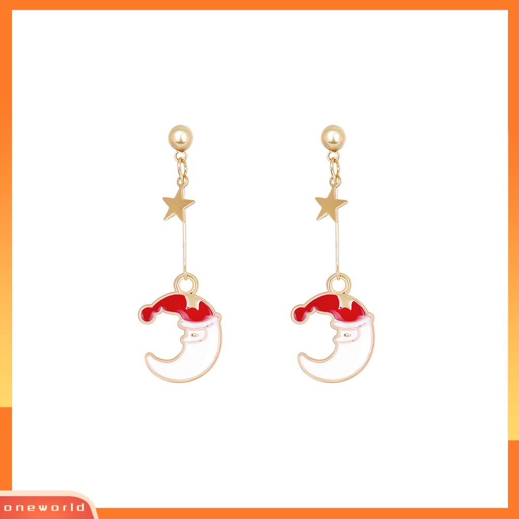[WOD] Wanita Fashion Bentuk Bulan Topi Natal Anti-Alergi Ear Stud Menjuntai Anting