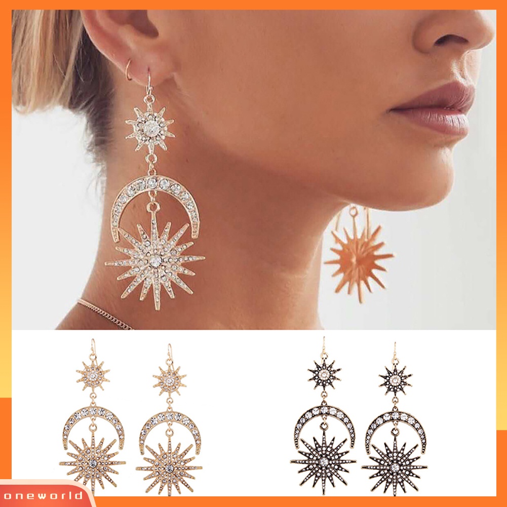 [WOD] Mewah Matahari Bulan Drop Anting Berlian Imitasi Mengkilap Ear Hook Boho Statement Jewelry