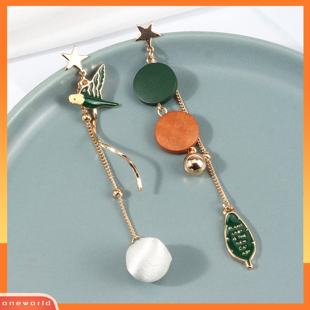 [WOD] Fashion Wanita Panjang Rumbai Daun Burung Asimetris Menjuntai Stud Earrings Perhiasan