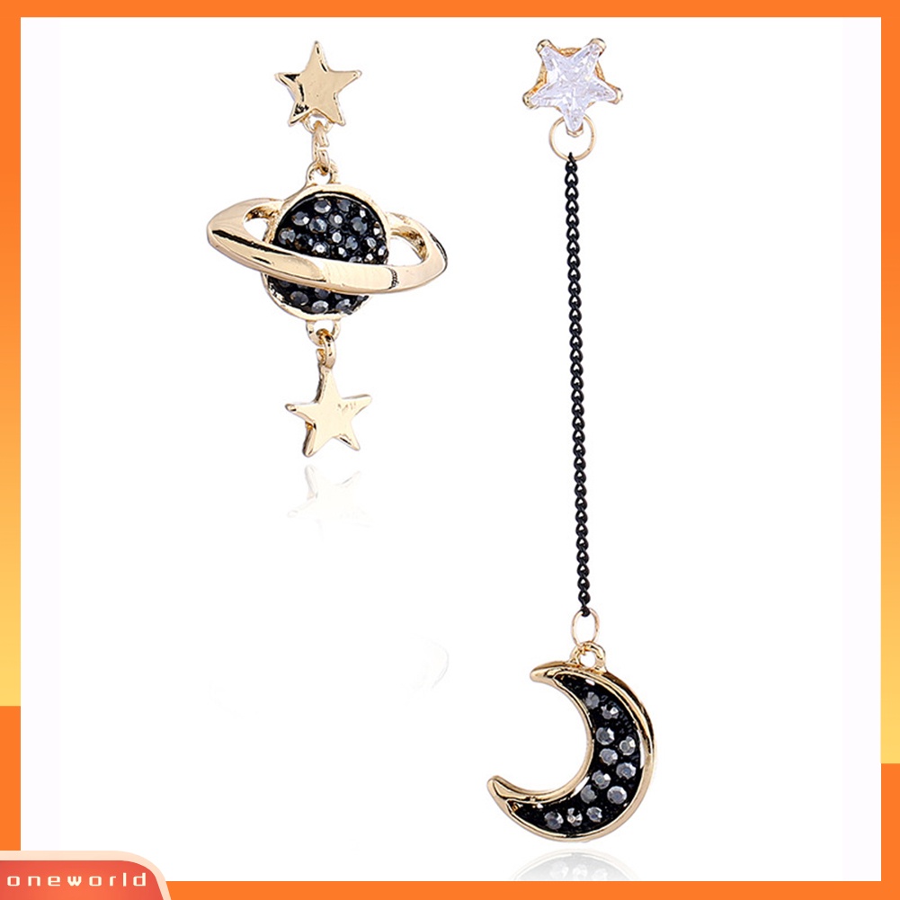 [WOD] Star Moon Ear Stud Berlian Imitasi Menjuntai Asimetris Anting Wanita Perhiasan Hadiah