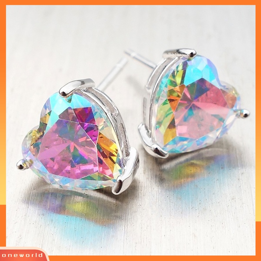 [WOD] Fashion Multi Warna Cubic Zirconia Heart Stud Earrings Wanita Pesta Perhiasan Hadiah