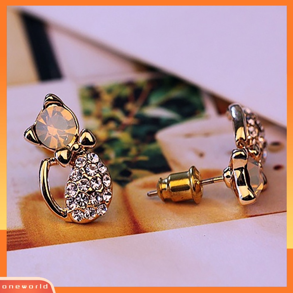 [WOD] 1pasang Wanita Lucu Bentuk Kucing Berlian Imitasi Stud Earrings Ear Studs Jewelry Charm Untuk Pesta Club