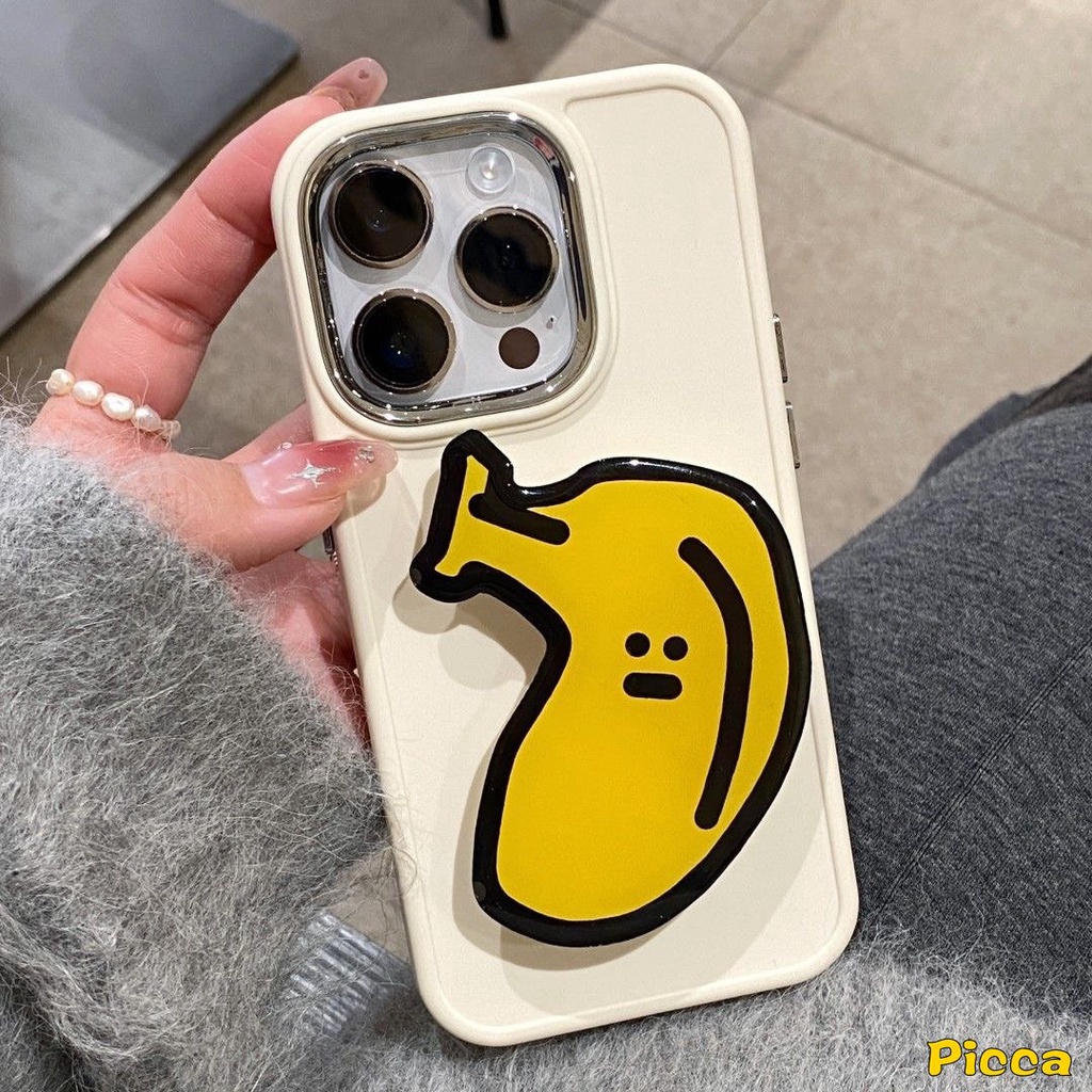 IPHONE Casing Frame Lensa Bahan Metal Plating Mewah Kompatibel Untuk Iphone7 8 Plus 11 14 12 13 Pro MAX X XR XS MAX Sederhana Warna Solid Cover Dengan Beruang Lucu Puppy Pisang Kentang Goreng Bracket Aksesoris