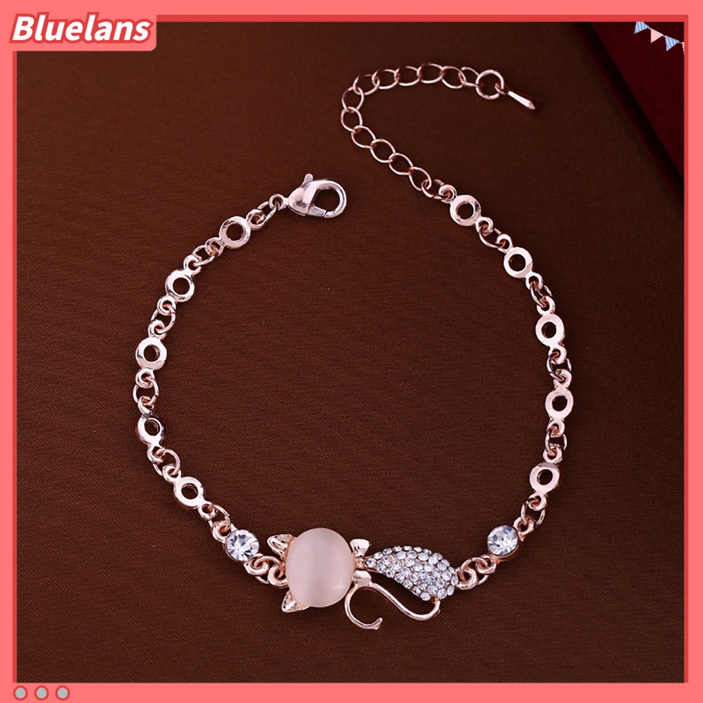 [BLS] Wanita Ladies Lovely Cat Pendant Opal Berlian Imitasi Bangle Gelang Rantai Perhiasan Untuk Kehidupan Sehari-Hari