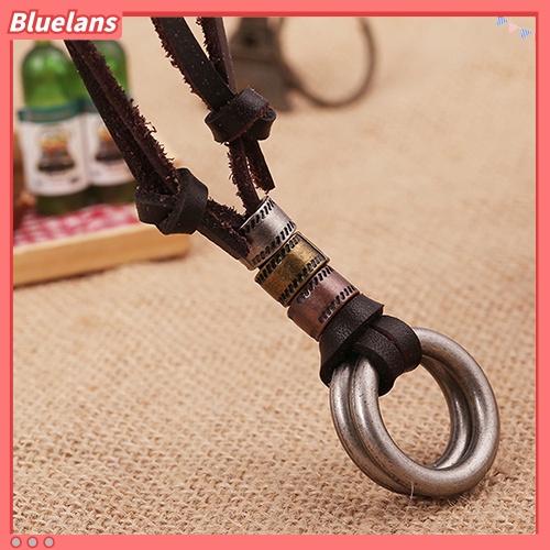 [BLS] Fashion Pria Retro Faux Leather Cord Double Circle Cincin Liontin Kalung Hadiah