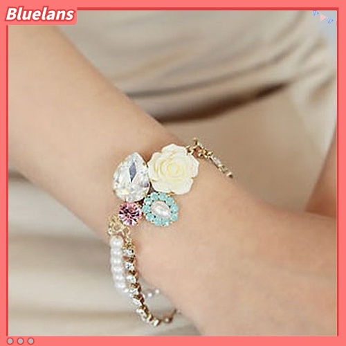 [BLS] Wanita Fashion Berlian Imitasi Mutiara Imitasi Mawar Pesona Warna-Warni Gelang Bangle Hadiah