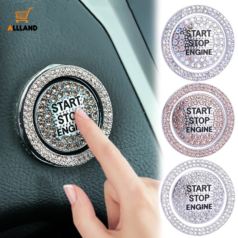 2in1 Car Start Switch Button Decor/ Diamond Self-adhesive Stickers Ring Circle/Trims Cover Pelindung Tombol Stiker Auto Interior Aksesoris