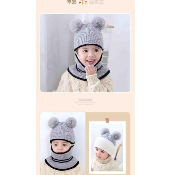 Kupluk Rajut Hangat Bayi untuk Musim Dingin Pompom dan Neck Cover