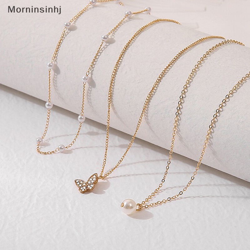 Mornin Mutiara Kupu-Kupu Kalung Elegan Multi Layer Liontin Emas Rantai Choker Aksesoris Wanita Perhiasan id