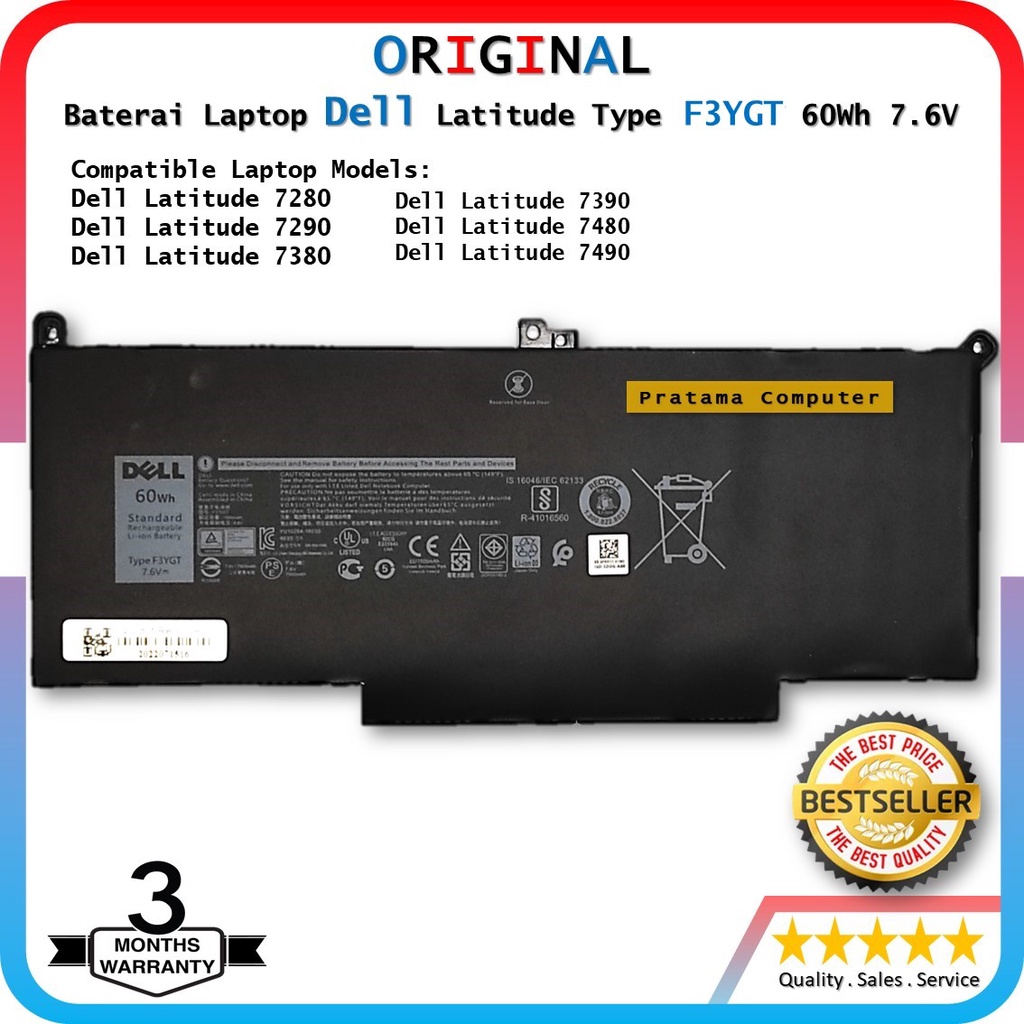 Baterai Laptop Dell Latitude E7280 E7290 E7380 E7480 E7490 F3YGT Original