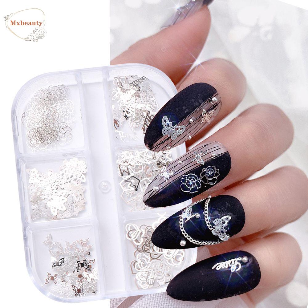 Mxbeauty 3D Nail Art Dekorasi Silver INS Nail Tips Kuku Serpihan Cinta Hati Mawar Mahkota Kupu-Kupu Untuk Wanita Gadis Kuku Payet