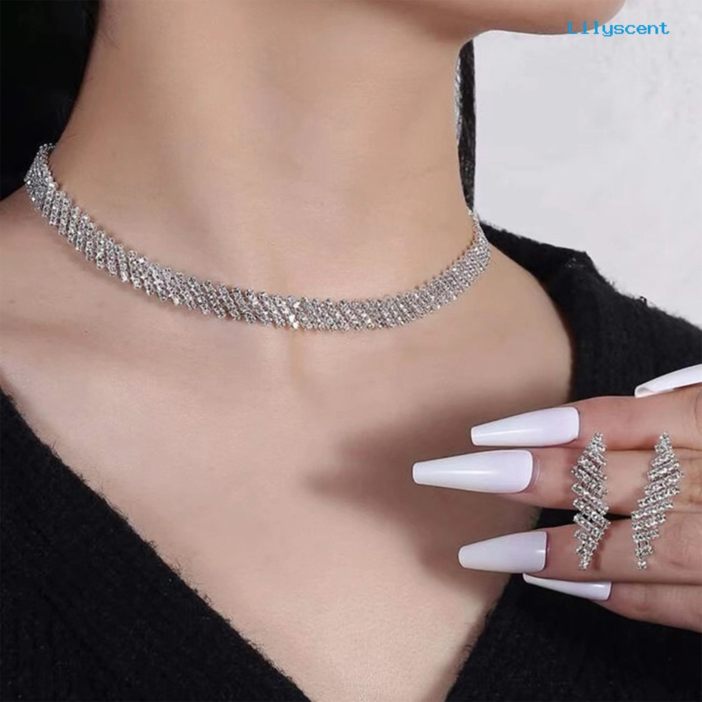 [LS]1 Set Kalung Pengantin Elegan Temperamen Mewah Mulia Dainty Hypoallergenic Berkilau Berlian Imitasi Menjuntai Anting Bangle Kit Perhiasan Pernikahan