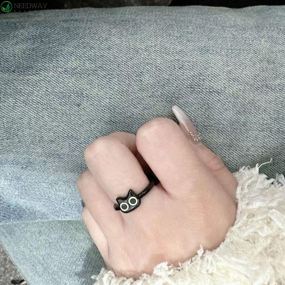 Needway Wanita Pembukaan Cincin Indah Halus Dapat Disesuaikan Trendi Pasangan Cincin Hitam Kucing Jari Cincin Kelinci Alloy Gaya Korea Cincin