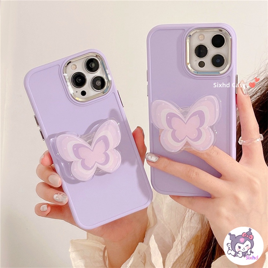 IPHONE Kompatibel Untuk Iphone11 14 13 12 Pro Max8 7Plus X Xs Xr Xs Max SE2020 Electroplated Lens Frame Protection Simple Purple Butterfly Fashion Phone Case+Braket Lembut Anti Jatuh Cover