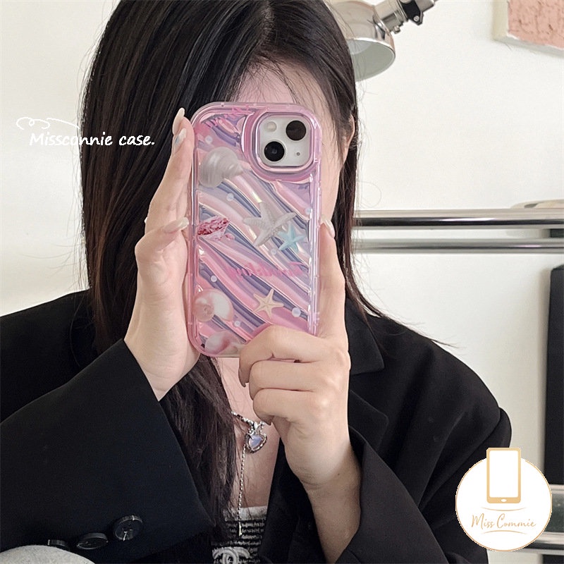 IPHONE Fantasy Case Bening Kartu Laser Mutiara Bintang Laut Shell Kompatibel Untuk Iphone11 12 13 14 Pro Max7 8 Plus 6 6S 7 8 Plus XR X XS MAX SE 2020kreativitas 3D Stereo Motif Bergelombang Cover