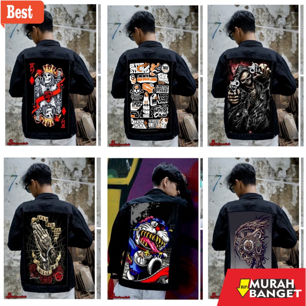 Jaket denim pria terbaru- jaket jeans pria terbaru 2022 bergambar belakang doraemon hitam / jaket de