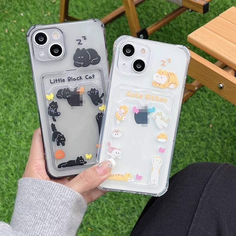 Card Case Sleep Black Cat Soft Case HP iP iPhone 14 13 12 11 Pro X XS XR Max 7 8 + Plus FTD Casing Apple