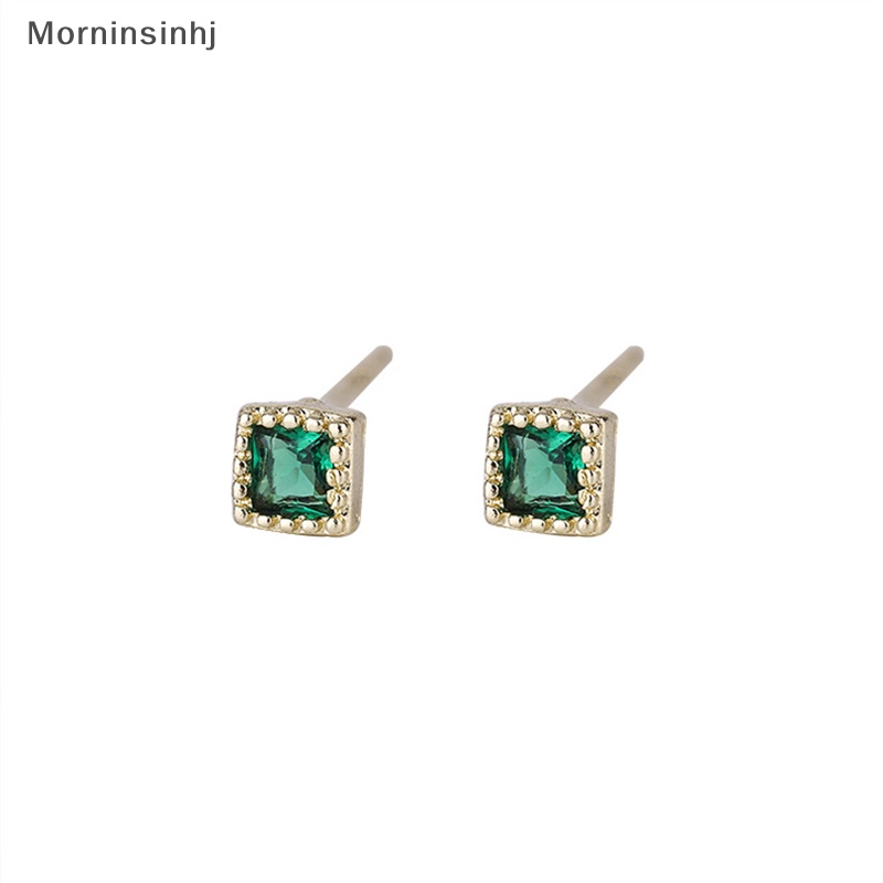 Mornin Earring Stud Anting Tusuk Bentuk Kotak Cubic Zirconia Warna Emerald Untuk Wanita Trendy id