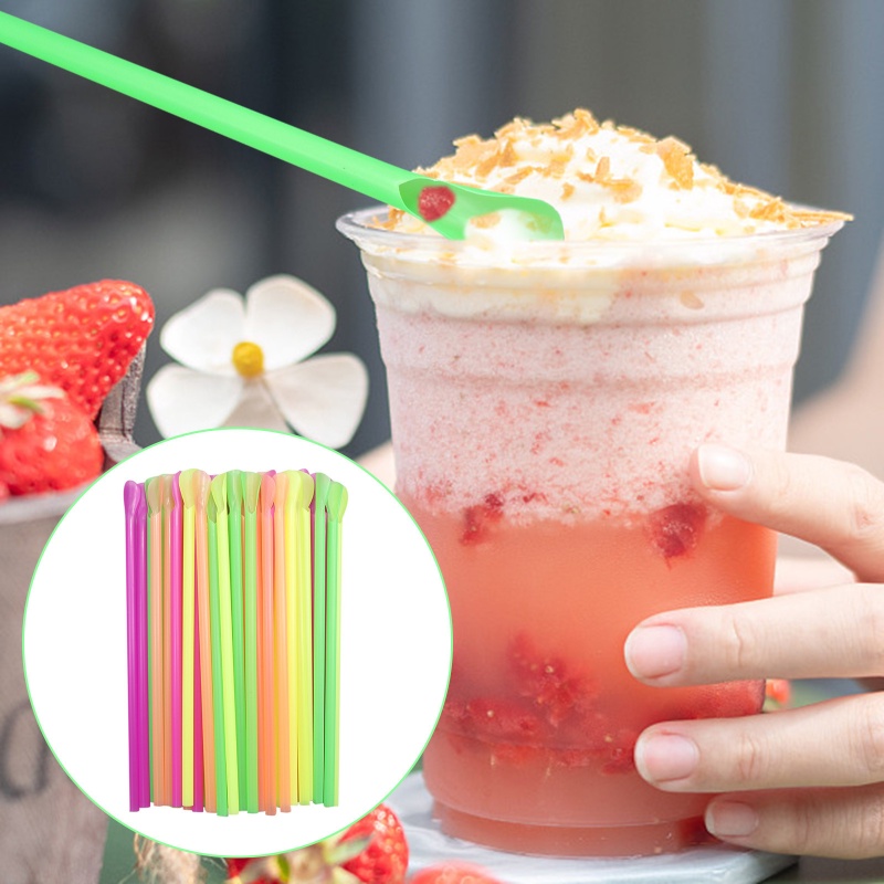 Sedotan Sendok Plastik Warna Warni 100Pcs/Milkshake Smoothie Drinking Drinks Straw/Aksesoris Minuman Hajatan Pesta Ulang Tahun