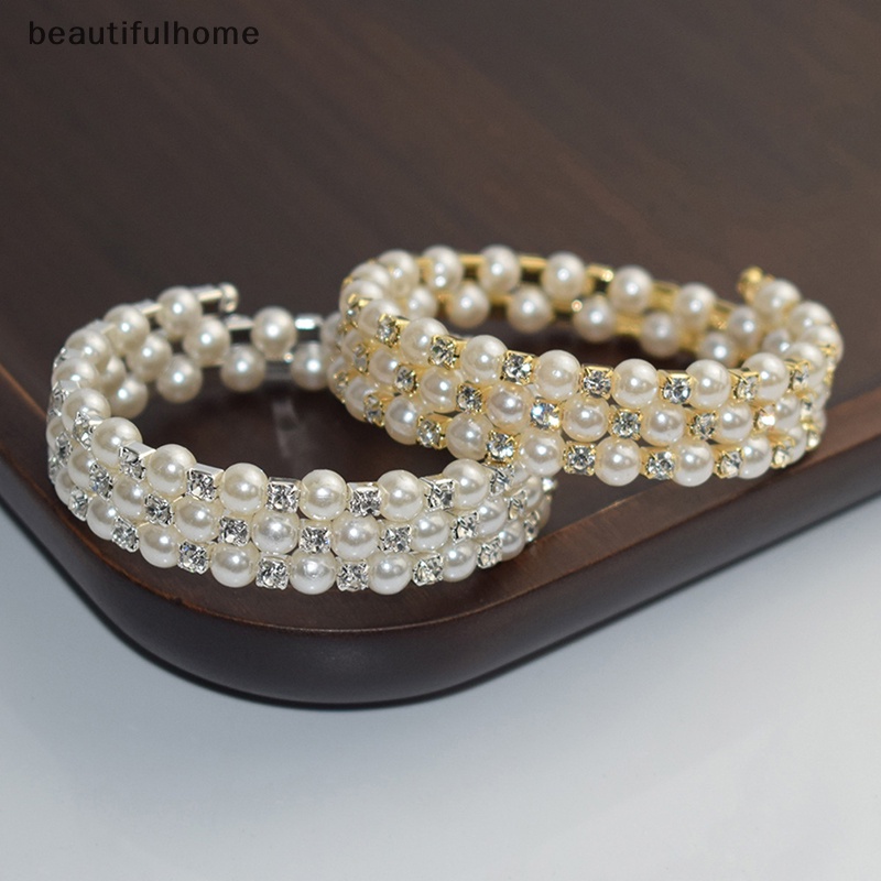 {beautifulhome} Gelang Mutiara Imitasi Kristal Elegan Multilayer Gelang Mutiara Stretchable Pearl Bracelet Untuk Wanita Hadiah Perhiasan Pengantin.