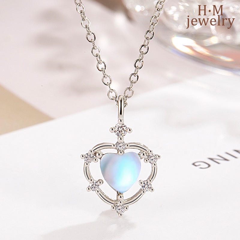 S925 Perak Sederhana Fashion Moonstone Love AAA Zirkon Liontin Kalung