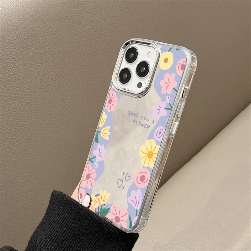 IPHONE Casing Ponsel Cermin Bunga Kartun Warna-Warni Kompatibel Untuk Iphone11 12 13 14 12Pro 13Pro 14Pro Pro Max XR X XS Max Electroplating Tombol Perlindungan Mirror Cover