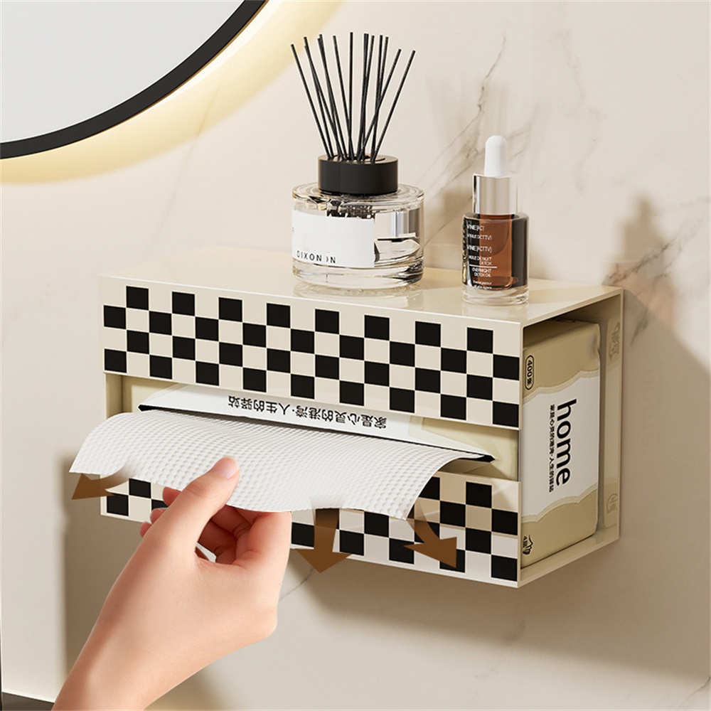 ღ Wall-mounted Face Tissue Paper Holder Chessboard Grid Tissue Storage Box Punch-free Towel Napkin Storage Box Kamar Mandi Kertas Organizer