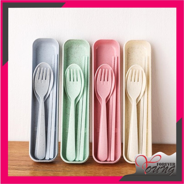 FOREVER YOUNG - D6048 Sendok Garpu Set / 3 In 1 / Jerami / Alat Makan Set / Alat Makan Korea H515 / 