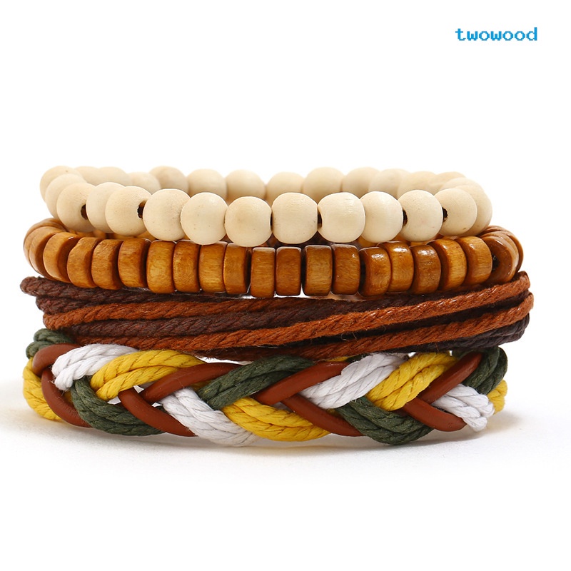 Twowood Retro Tenun Tangan diy Empat Potong Gelang Kulit Sederhana Tali Rami Tali Tangan