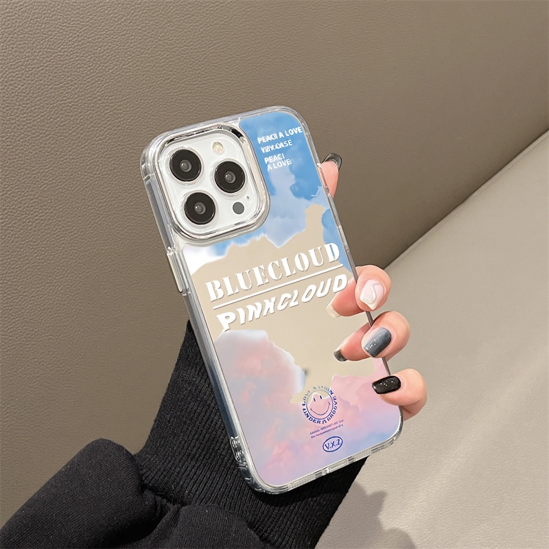 IPHONE Casing Ponsel Cermin Awan Biru Pink Kompatibel Untuk Iphone11 12 13 14 12Pro 13Pro 14Pro Pro Max XR X XS Max Electroplating Tombol Perlindungan Mirror Cover