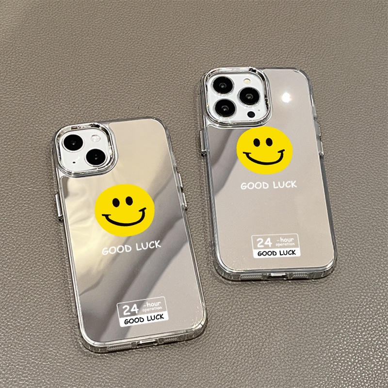 IPHONE Good Luck Smile Emoji Mirror Phone Case Kompatibel Untuk Iphone11 12 13 14 12Pro 13Pro 14Pro Pro Max XR X XS Max Electroplating Tombol Perlindungan Mirror Cover