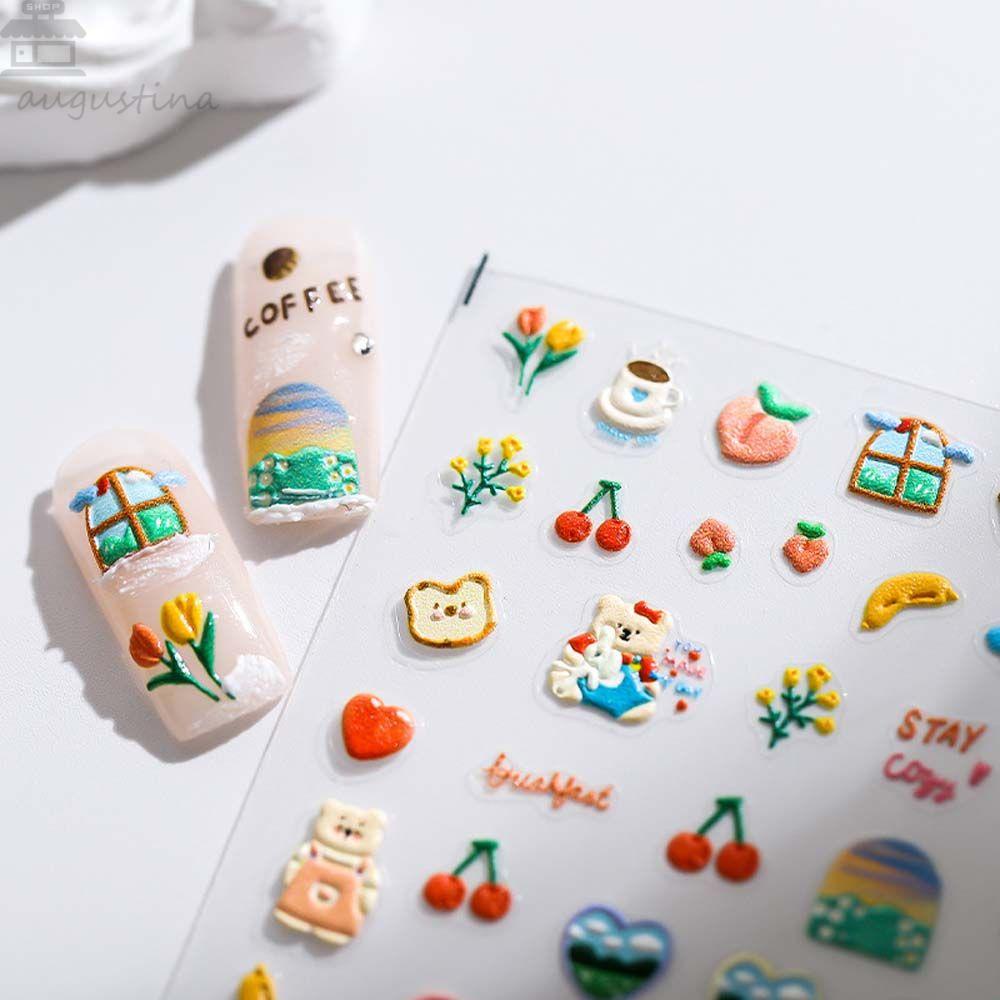 AUGUSTINA Agustinina Kartun Stiker Kuku Lucu Fashion Smiley Animal Melody Perekat Diri DIY Nail Art Dekorasi