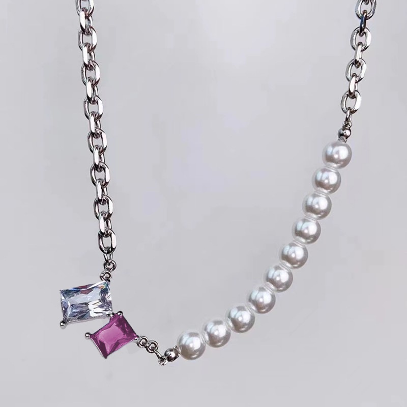 Cahaya Mewah Premium Warna-Warni Persegi Zirkon Mutiara Jahitan Kalung Perempuan Manis Keren Unik All-Match Desain Klavikula Rantai