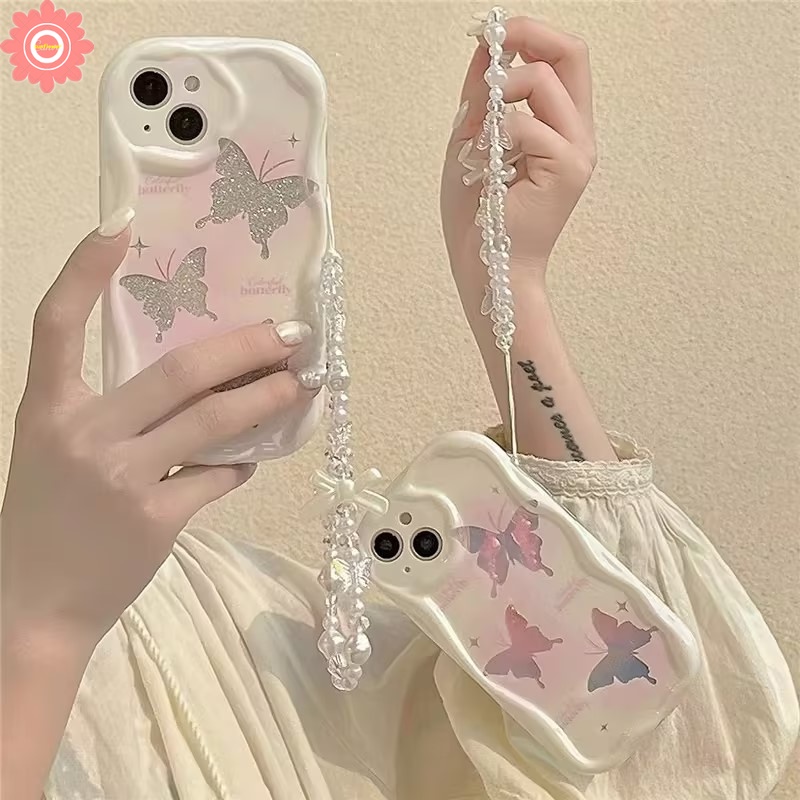 Case Lanyard Rantai Kupu-Kupu Mutiara Glitter Fantasy Untuk Redmi Note10 11 8 9 10s 11s 12 10 Pro Max Redmi 9A 10C A1 A2 9 9T 10 10A 9C NFC POCO M3 3D Penutup Tepi Bergelombang Lengkung